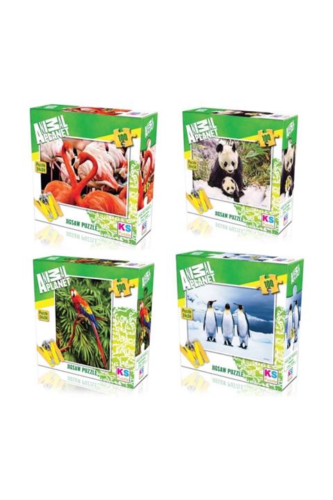 KS Puzzle Animal Planet 100 Parçalı 4 ' Lü Set 24x34 (flamingo-panda-papağan-penguen)