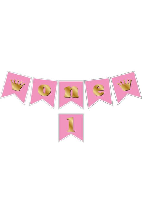 Party Time One Yazılı 1 Yaş Doğum Günü Bannerı Pembe