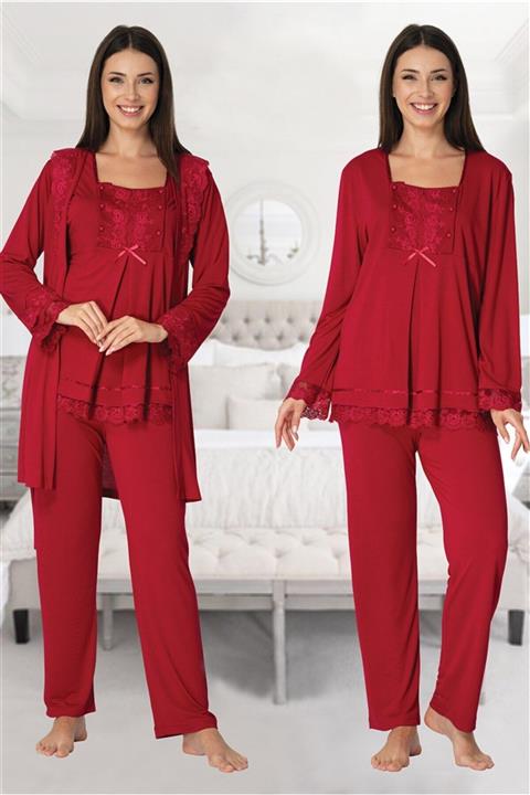 Effortt Kadın Vişne Dantel Sabahlıklı Lohusa Pijama Takımı 3044