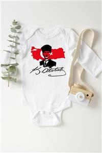 BabyLimon Unisex Bebek Beyaz Atatürk Gazi Mustafa Kemal Bayrak Çıtçıtlı Body