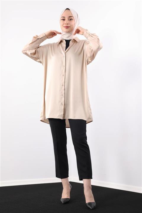 Giza Giyim Kolu Düğmeli Saten Gömlek Bej