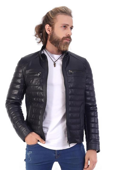 EMFURE Şişme Motorcu Spor Kuzu Deri Mont Lacivert Id005
