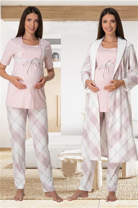 lohusahamile Pudra Emzirme Özellikli Sabahlıklı Lohusa Pijama Takımı Effortt 6024