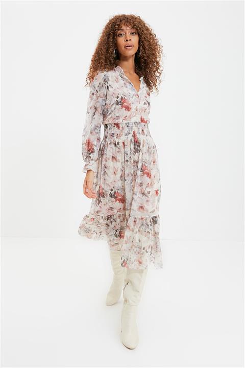 TRENDYOLMİLLA Krem Desenli Gipeli Elbise TWOSS20EL1251