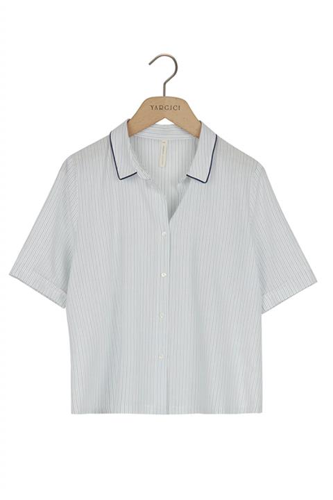 Yargıcı Kadın Mavi Çizgili Kısa Kollu Pijama Üstü 7YKLW1111A