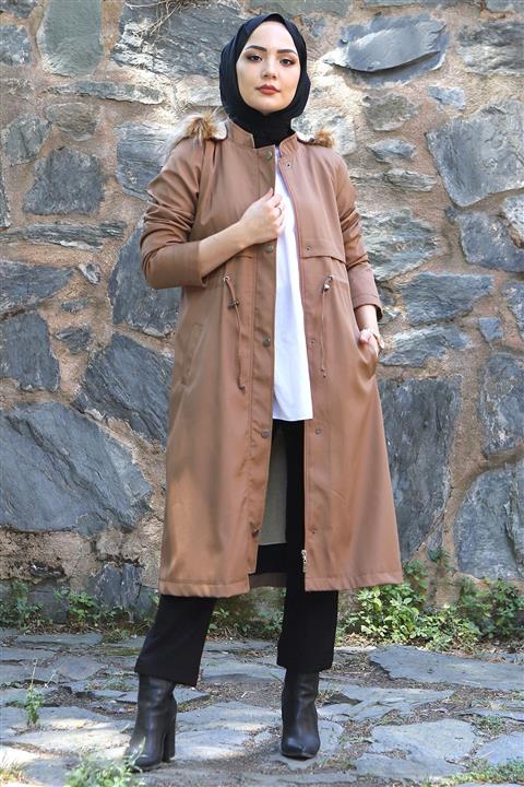 Tesettür Dünyası Beli Bağcıklı Büyük Beden Mont Tsd1945 Taba