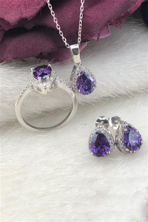 Tmec Silver Ametist Taşlı Gümüş Damla Set
