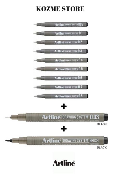 artline Drawing System Teknik Çizim Kalemi 9 + 1 + 1 (brush)-(0.03) 11'li Tam Set