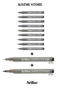 artline Drawing System Teknik Çizim Kalemi 9 + 1 + 1 (brush)-(0.03) 11'li Tam Set