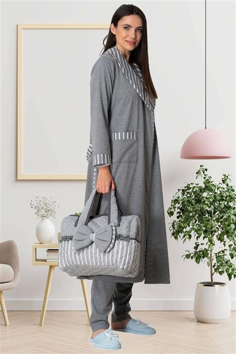 By Mecit Pijama Mecit Gri Lohusa Pijama Sabahlık Takım 5575