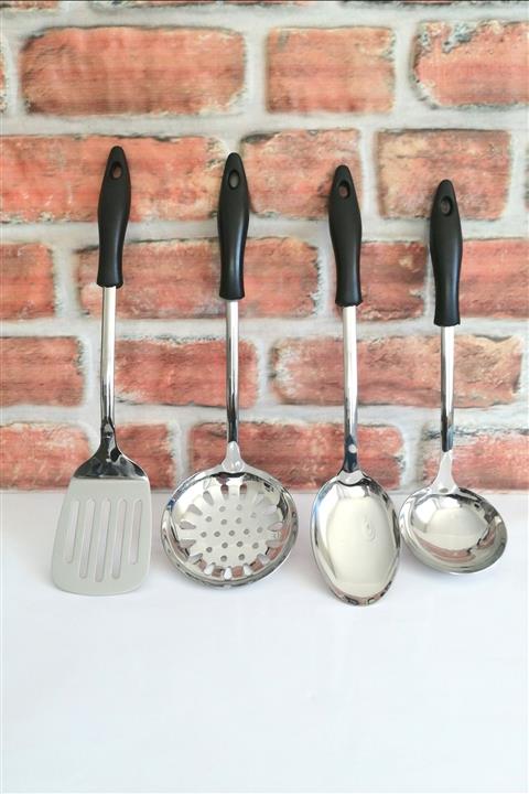 ELEGANCEV Paslanmaz Çelik Kaşık-kepçe-kevgir-spatula- Servis Seti-4 Parça