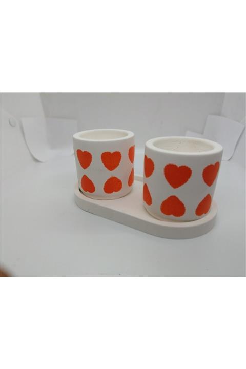 Etiget Dekoratif Sukulent Mini 2 Li Kalpli Saksı Set Tabak Tepsi Turuncu