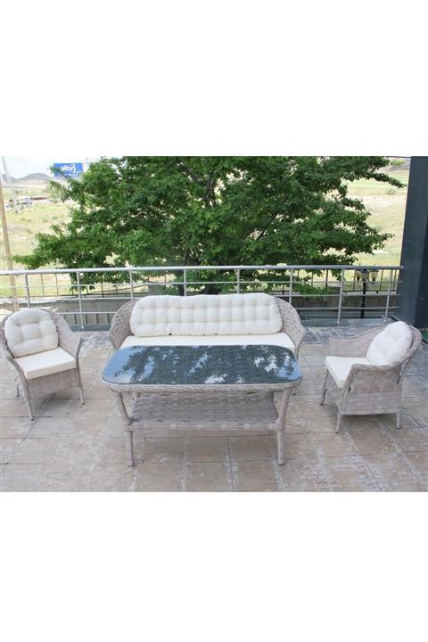 Vieno Home Garden Lara Örgü Rattan Bahçe Balkon Üçlü Koltuk Masa 4 Parça Keyif Seti