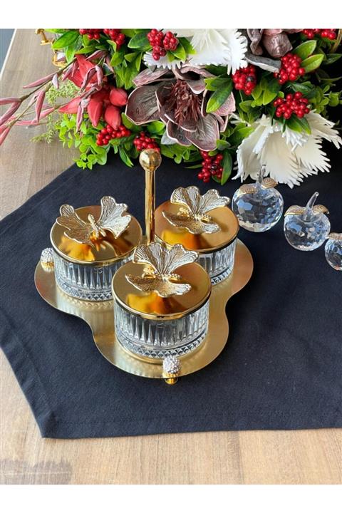 ROSSEV Henna Kelebek Desen 3 Bölmeli Cam Sunumluk