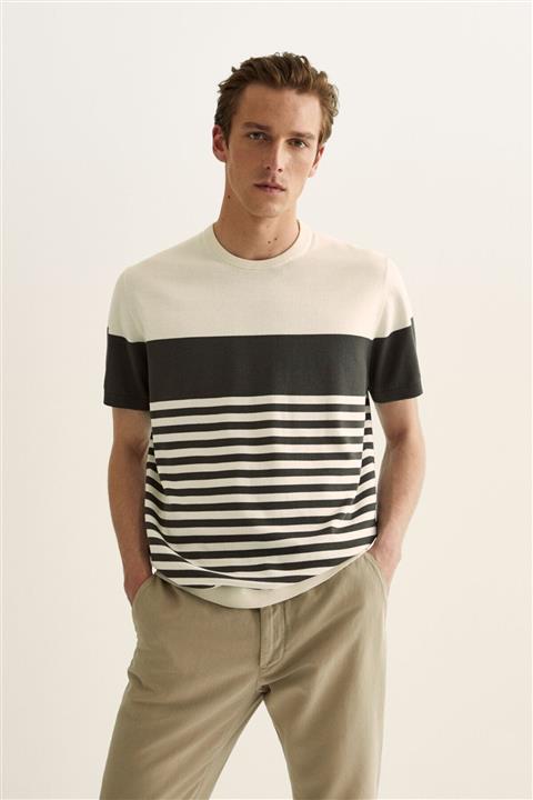 Massimo Dutti Erkek Çizgili Blok Renkli Pamuklu Triko T-Shirt 00905422