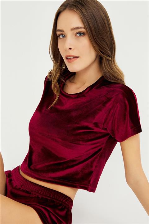 Cottonhill Vişne Kadife Crop Top T-shirt Şortlu Takım