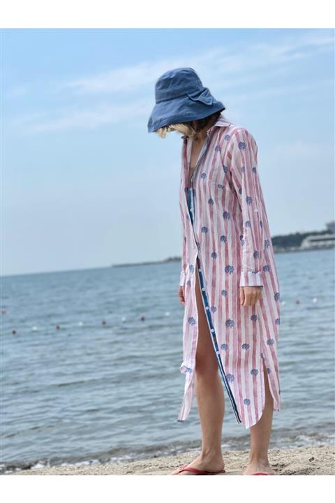 INVU OFFICIAL Pembe Çizgili Gömlek Elbise