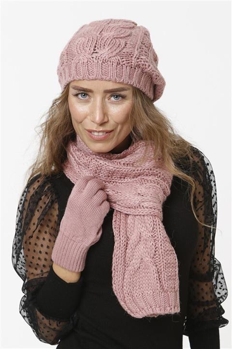 FATELLA Kadın Triko Örgü Model Pembe Atkı Bere Eldiven Set