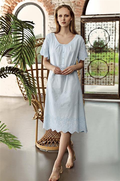 Artış Mavi Dokuma Pamuklu Lohusa Gecelik-10117