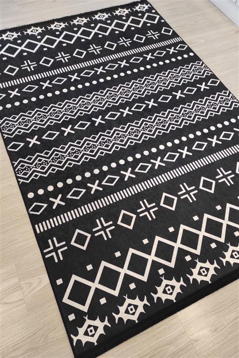 Just Arte Siyah Beyaz Mutfak Halısı Yıkanabilir Dekoratif Yolluk Dijital Baskı Kaymaz Halı Modern Kilim
