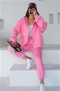 Cappmoda Tkm-03216 Pembe Uzun Fermuarlı Hırka Jogger Ikili Şardonlu Takım