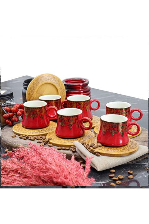 Porsima Saga 12 Parça 6 Kişilik Türk Kahve Fincan Takımı Kırmızı