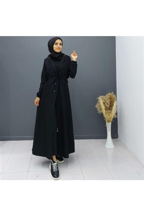 FAHRETTİN MODA 5191 Siyah Kapüşonlu Kışlık Ferace Mont