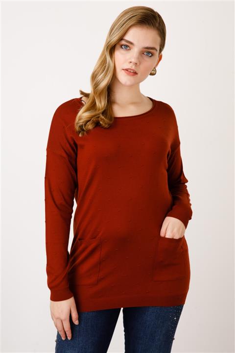 ON Kadın Kahverengi Önden Cepli Triko Büyük Beden Kazak