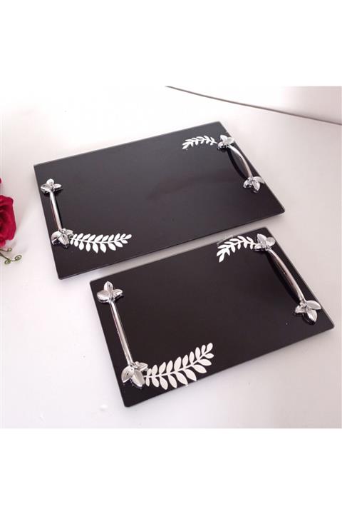 Gelincimherşey Siyah Cam Gümüş Detaylı 2 li Söz Nişan Yüzük Sunum Tepsisi