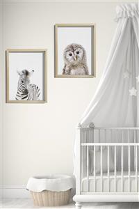 Canvartie Doğal Ahşap Çerçeveli Bebek Ve Çocuk Odası Duvar Tablosu Zebra Ve Baykuş