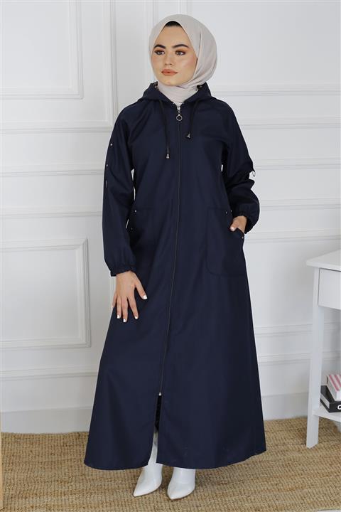 İmajButik Tam Boy Kapişonlu Trençkot/lacivert