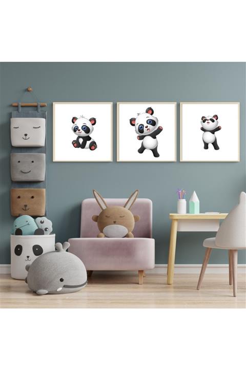 Deko Gonya Panda Çocuk Odası Üçlü Ahşap Çerçeve Tablo