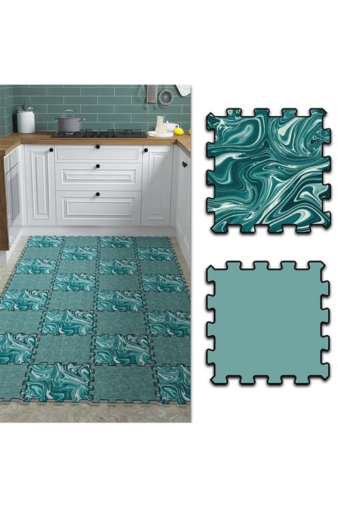 Tokyo Halı Su Yeşili Mermer Desenli Mutfak Halısı Thm29