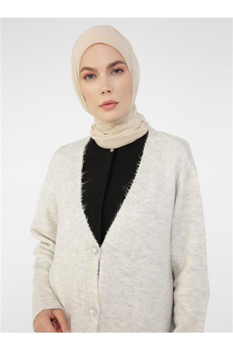 Refka Inci Ve Taş Düğmeli Triko Hırka - Taş - Woman