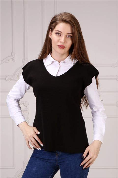 ananas trıko Ananas Kadın Siyah V Yaka Süveter