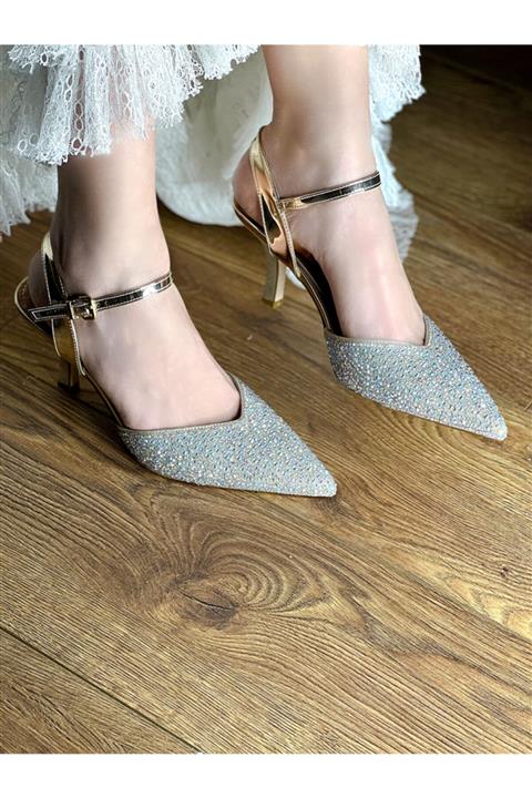 By Beyaz Wedding Grece Altın Mini Topuklu Taş Işlemeli Gelin Davet Ayakkabısı