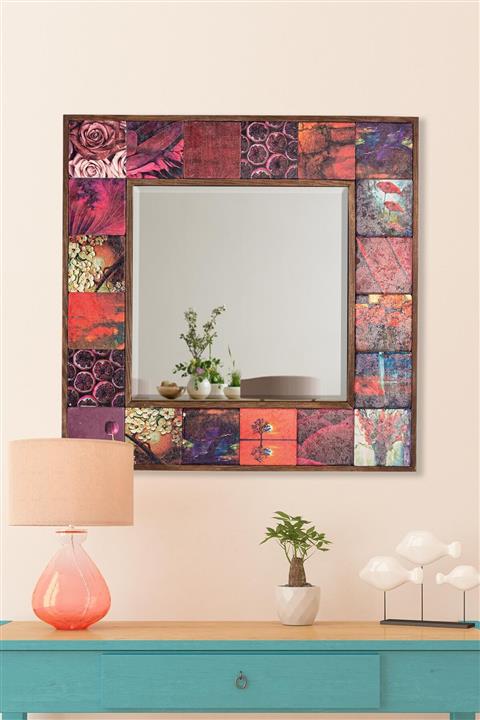 bluecape Marakeş Doğal Ağaç 62x62 Cm Çerçeveli Antik Limra Taş Kaplı Salon Duvar Konsol Ofis Boy Aynası