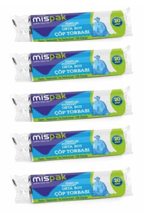 mispak Orta Boy Çöp Poşeti 20'li 5 Adet (100 Adet) 55x60 Cm