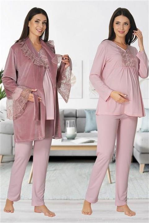 Lohussa Effort Pudra Kadife Sabahlıklı Hamile Lohusa Pijama Takımı