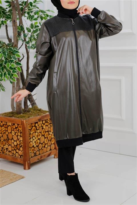 İmajButik Kadın Haki Fermuarlı Deri Kap