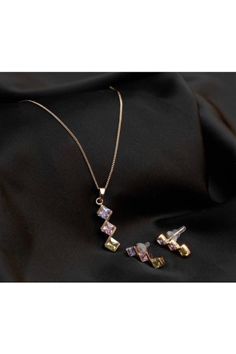 morise 3 Taşlı Zirkon Küpe - Kolye Set