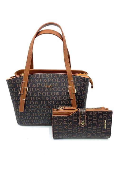 GALB LEATHER Kadın Kahverengi Taba Baskı Desenli Omuz Çanta ve Cüzdan Seti -2166-