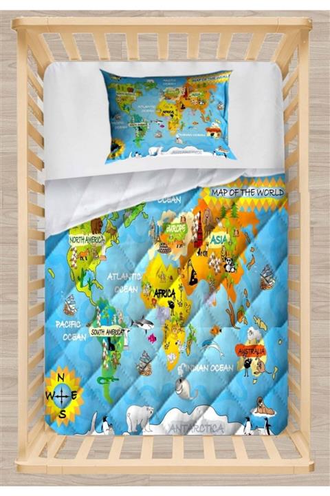 Osso Halı Maceracı Mavi Dünya Haritası Kapitoneli 3d Desenli Bebek Yorgan Uyku Seti