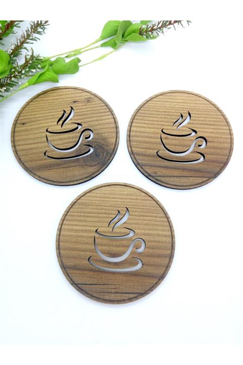 Sempati Store Kahve Fincanı Figürlü Ahşap Bardak Altlığı (3 Lü Set)