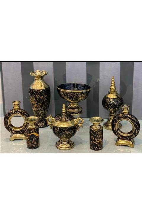 EVRA Porselen 8 Parça Salon Seti Lüx Konsol Takımı Mermer Desenli Gold Siyah