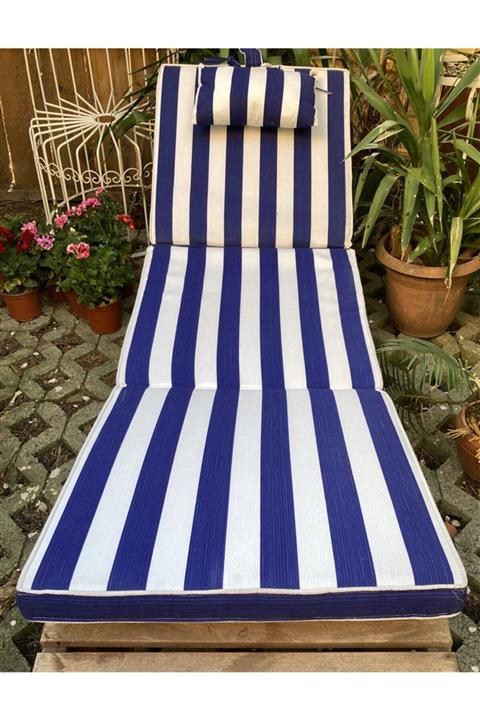 YASTIKMİNDER Lacivert Beyaz 3 Kademeli Katlanır Şezlong Minderi