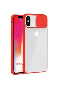 Teknoçeri Iphone X / Xs Uyumlu Kamera Lens Korumalı Sürgülü Kılıf Kırmızı