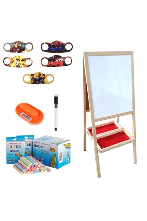 Mashotrend Katlanabilir Çift Tarafı Manyetikli Ahşap Yazı Tahtası - 5 Adet Maske + Kalem + Tebeşir +silgi