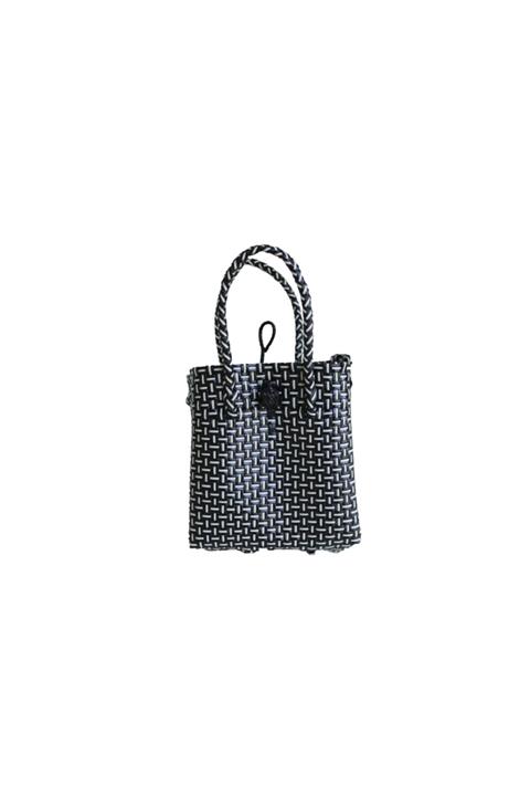 Referans Şeritli El Yapımı Plastik Örgü Sepet Çanta Küçük Boy Siyah Beyaz Çizgili