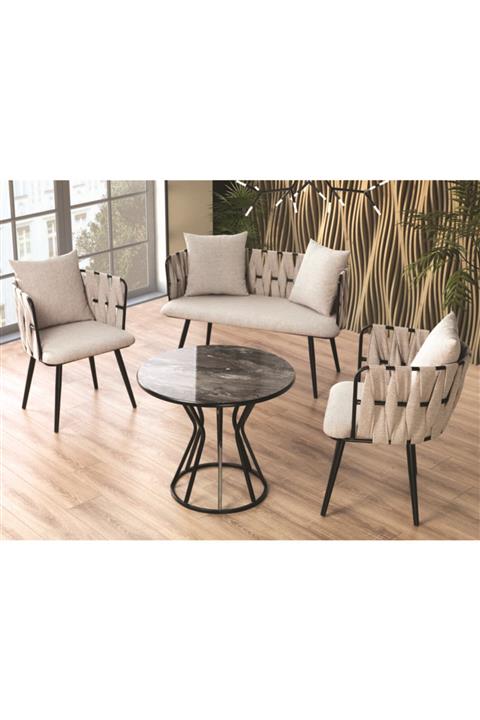 Emma Concept Çay Seti Oturma Takımı + Masa Metal Mat Siyah Krem Keten Kumaş ( Ofis, Cafe, Bahçe, Bekleme )